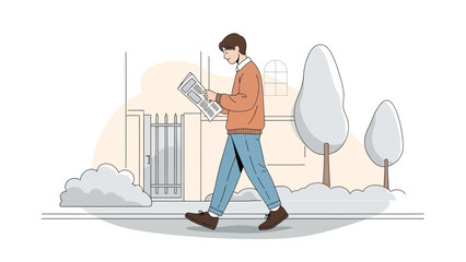 Young man walking outdoors while reading a newspaper on a bright day in a park-like setting with