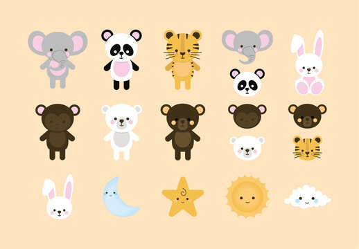 Colorful Cute Animals Baby Illustration Set