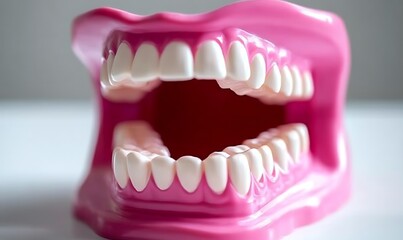Dentures in dental model with pink gums for dental study in studio shot
