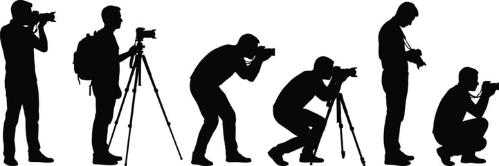 Photographer silhouette set showing men with cameras and tripods in various shooting poses isolated on white background for media design © Itz Joydip