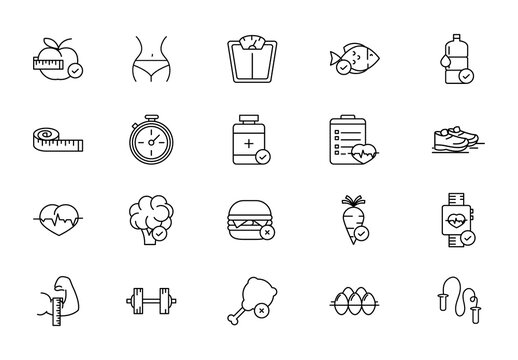Black Diet Health Wellness Icons Set