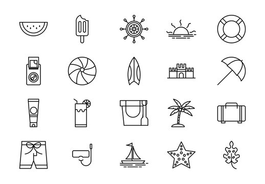 Black Summer Vacation Line Icons Set