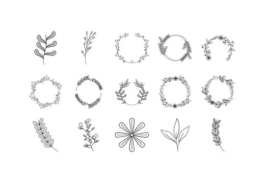 Black Botanical Line Art Icons Set