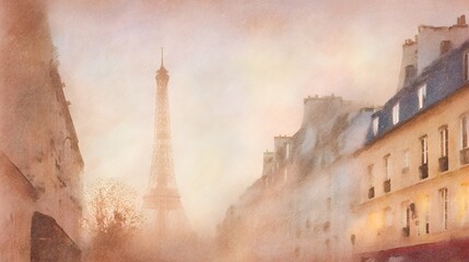 Romantic Paris cityscape watercolor illustration dreamy sunset love and calm peaceful scene