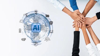 A diverse group of hands uniting around the theme of artificial intelligence, symbolizing collaboration and innovation in a modern business setting. Raster