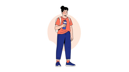 Young woman holding water bottle standing casually with backpack in a minimalist illustration