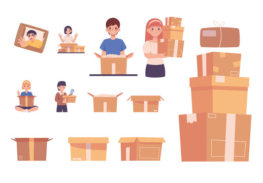 Brown Delivery Cartoon Illustrations Set