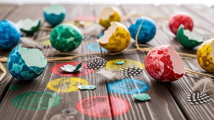 Colorful fragments of eggshell and round dye stains on a blurred background of a wooden table, suitable for advertising cleaning services, creative workshops websites, with space for text