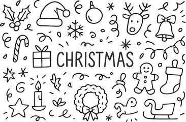 Christmas Doodle Set Hand Drawn Vector Illustration Festive Holiday Winter Season Elements Isolated on Transparent Background Tree Star Snow Snowflake Gift Ornament Decoration