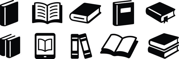 Collection of Book Icons Representing Different Styles of Literature and Reading Materials in Vector Format with a Transparent Background Ideal for Educational Designs