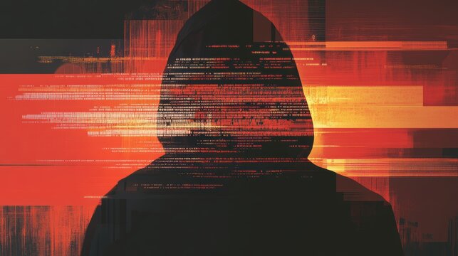 A hacker in a dark room surrounded by glowing screens with lines of malicious code.