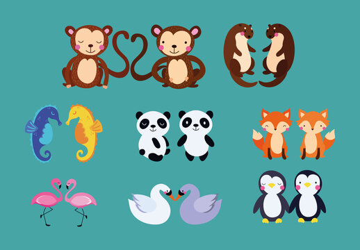 Colorful Animal Couples Cute Illustrations Set