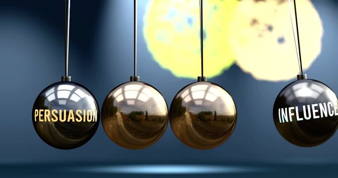 Persuasion leads to influence. Cause and effect relation between persuasion and influence. A Newton cradle metaphor in which persuasion gives power to set influence in motion. Can be looped. 