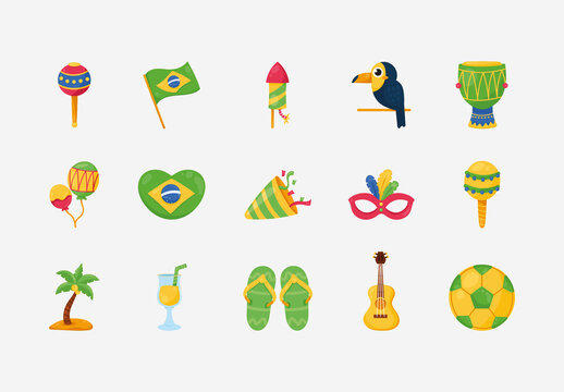 Green And Yellow Brazil Culture Festival Icons Set