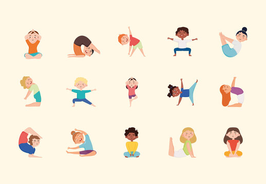 Colorful Children Meditating Illustration Set