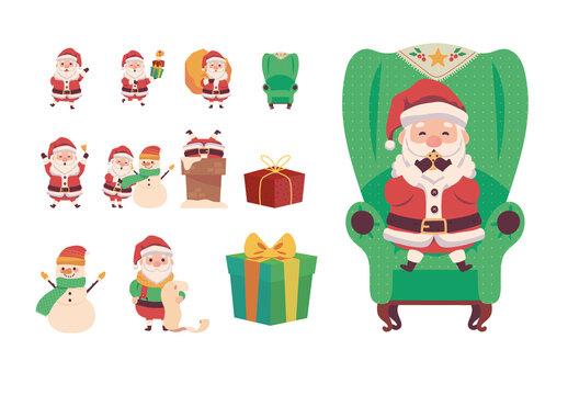 Red And Green Christmas Cartoon Illustration Set