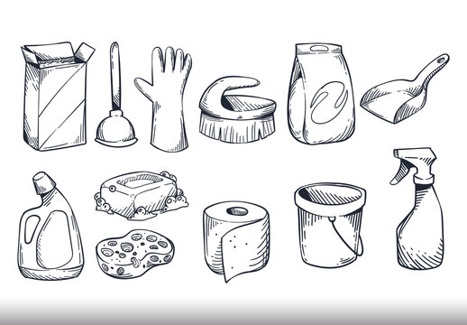 Black Cleanning Tools Doodle Illustration Set