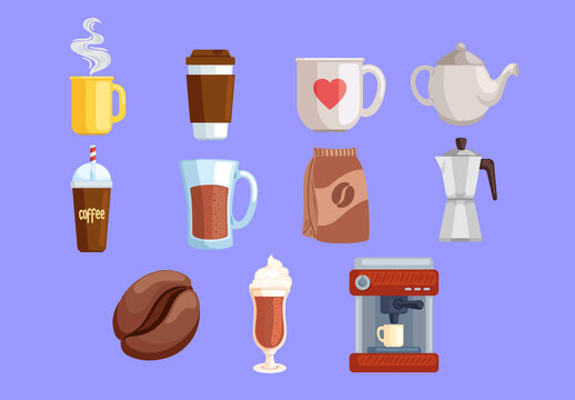 Colorful Coffee Mug Beans Illustration Set