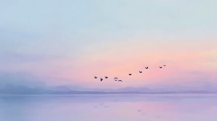 Serene dawn birds soar above a tranquil lake inspiring peaceful reflection and gentle watercolor beauty
