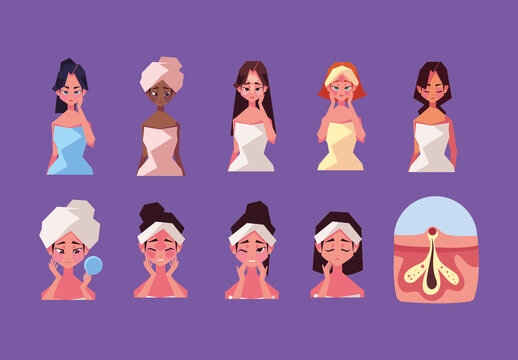 Colorful Facial Treatment Skincare Illustrations Set
