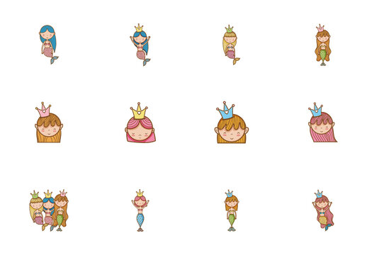 Colorful Mermaid Princess Crown Fantasy Illustrations Set