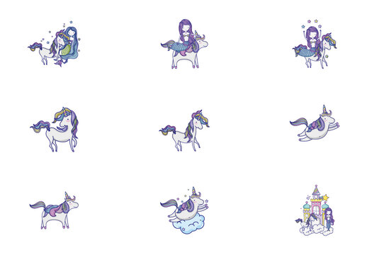 Colorful Unicorn Princess Fantasy Fairytale Illustrations Set