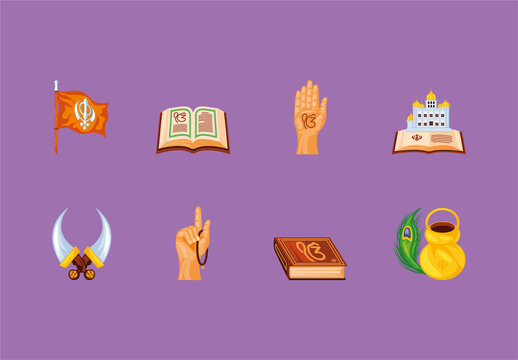 Colorful Guru Nanak Sikh Religious Illustrations Set