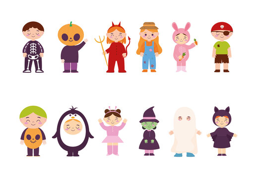 Colorful Halloween Kids Costumes Illustrations Set