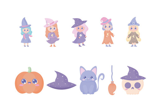 Colorful Halloween Witch Illustrations Set