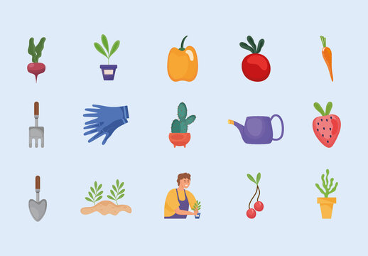 Colorful Gardening Tools Plants Illustrations Set