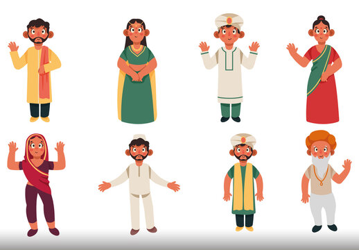 Colorful India People Characters Illustration Set