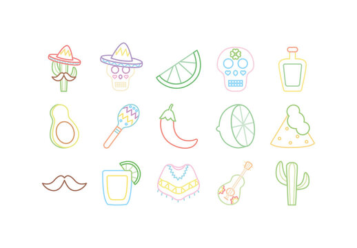 Colorful Mexican Neon Outline Icon Set