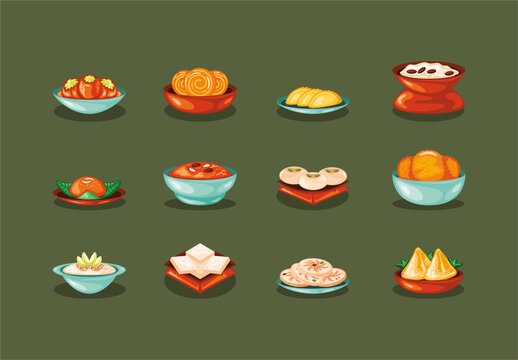 Colorful Indian Sweets Desserts Murtis Food Illustrations Set