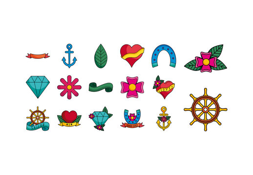 Colorful Old School Tattoo Illustration Set