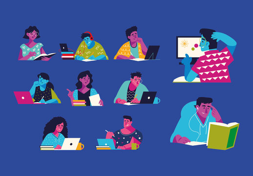 Colorful Online Learning Study Student Illustrations Set