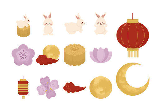 Red And Gold Mid Autumn Rabbit Illustrations Set