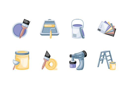 Yellow And Blue Painter Equipment Icons Set
