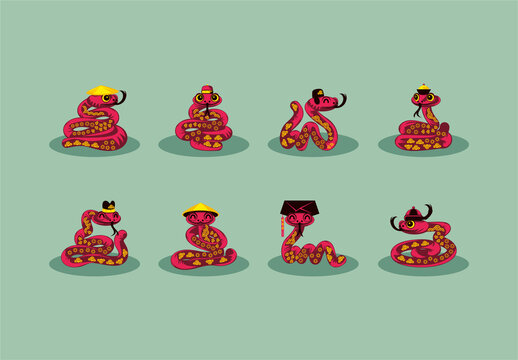 Red Oriental Snake Chinese Illustrations Set