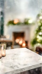 Festive holiday scene digital watercolor painting of cozy interior fireplace Christmas tree candles