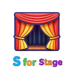 3D icon of a theater stage with red curtains and a wooden floor, representing performance and entertainment, with text S for Stage.