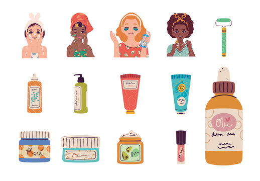 Colorful Skincare Cartoon Illustration Set