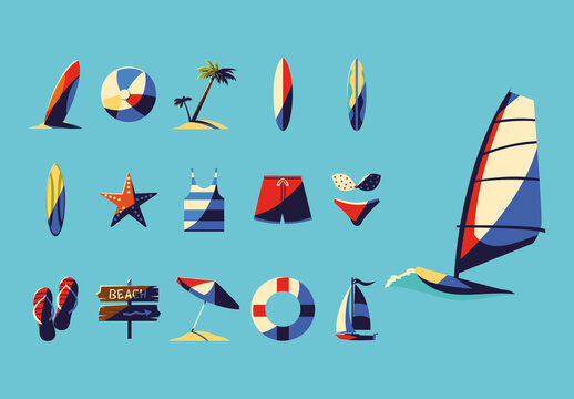 Colorful Summer Beach Vacation Illustrations Set