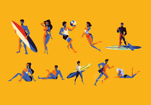 Colorful Summer Surfing People Illustrations Set