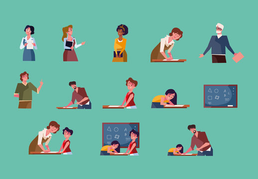 Colorful Teacher Student Classroom Education Illustrations Set