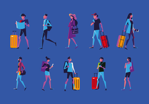 Colorful Travel Tourists Luggage Illustrations Set