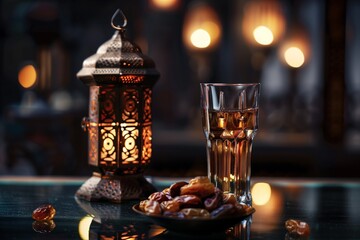 Warm golden light illuminates an ornate arabic lantern, dates, and tea in a moody low-light close-up on a reflective surface.