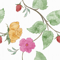 Watercolor Vintage Floral Seamless Pattern with Hand Painted Botanical Motifs