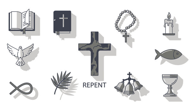 Christian symbols and arranged around a cross with repent text religious dove