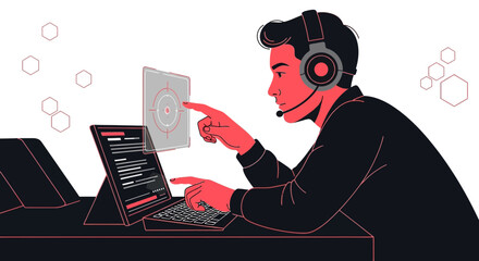 Futuristic call center worker using touch screen technology for efficient customer service