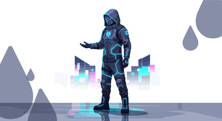 Futuristic character in neon cityscape illustration with abstract water droplets design